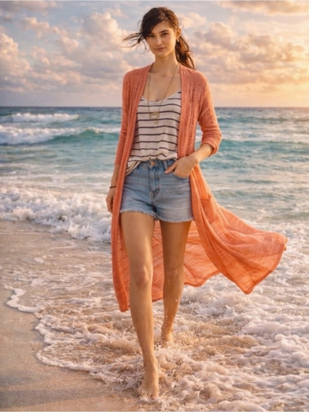 Moth Anthropologie Early Sun Coral Linen Blend Duster Cardigan Vintage  Small
